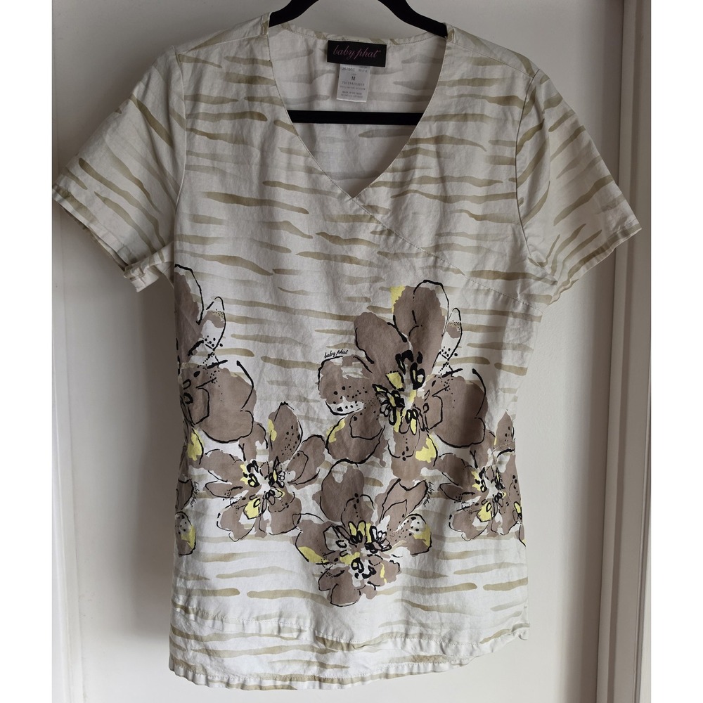 Baby Phat Blouse M Y2K Floral Striped V-Neck Cotton Short Sleeve Top Faux Wrap